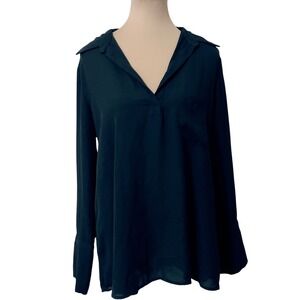 Pleione Blouse M Black V-Neck Long Sleeve Relaxed‎ Office Workwear Minimalist